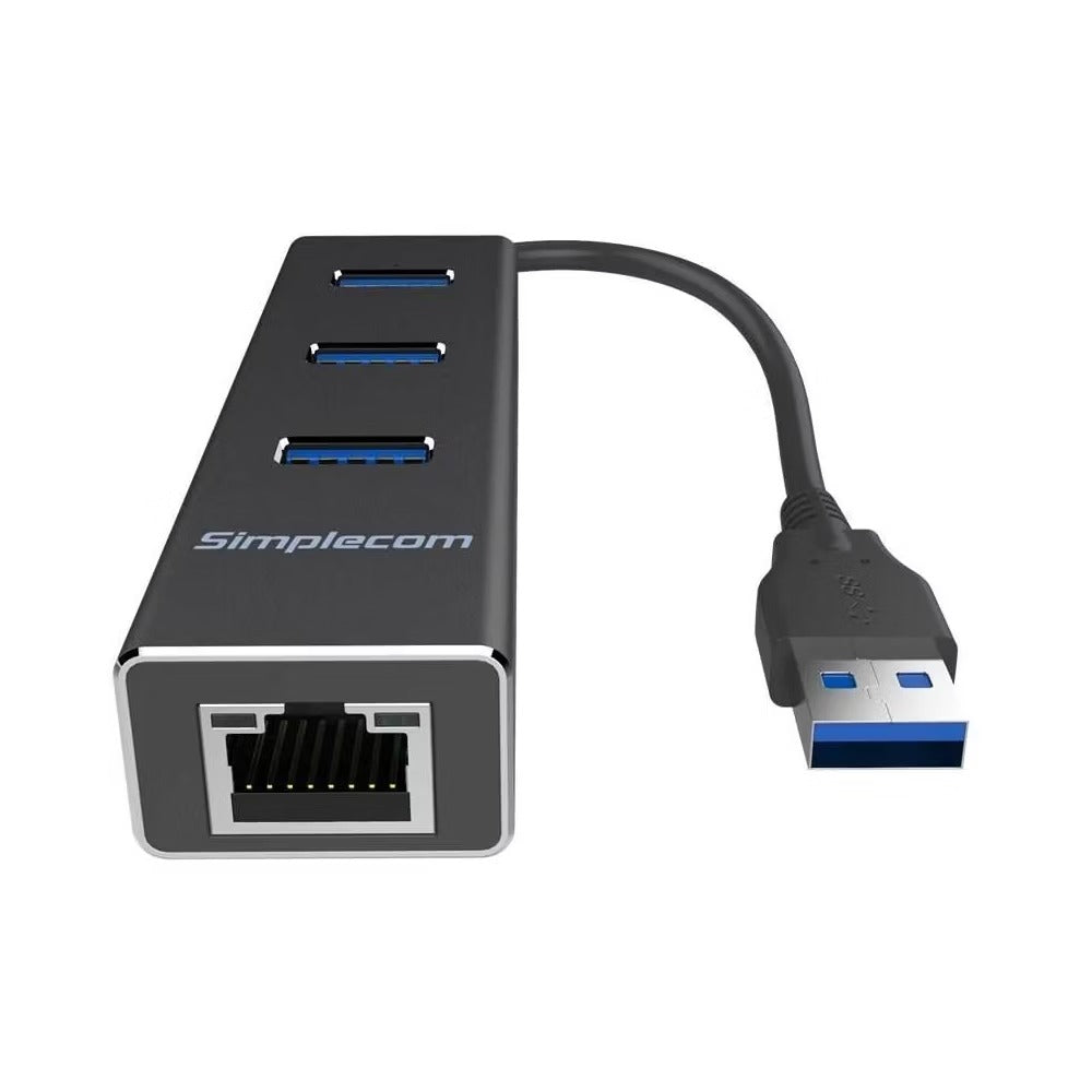 Simplecom CHN410 USB-A to 3 Port USB-A HUB w/ Gigabit Ethernet Adapter - Black