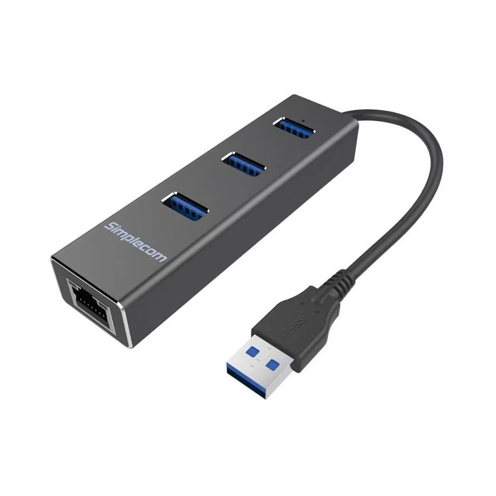 Simplecom CHN410 USB-A to 3 Port USB-A HUB w/ Gigabit Ethernet Adapter - Black